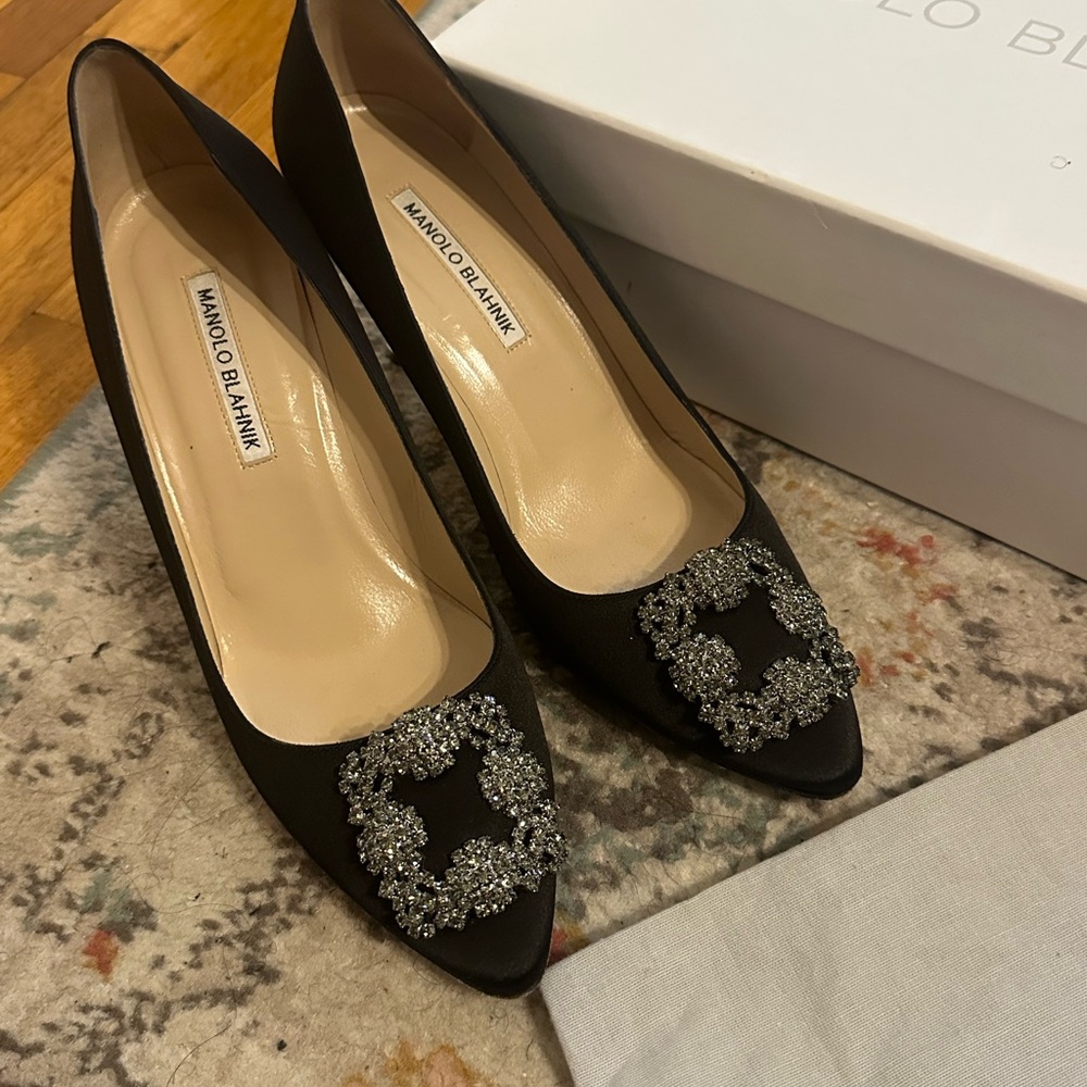 Manolo Blahnik Hangisi Black Satin Pumps with Crystal Buckle